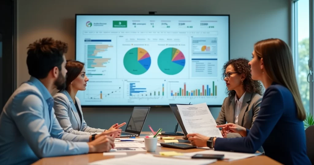 Gestores analisando custos de sistema ERP em painel financeiro digital