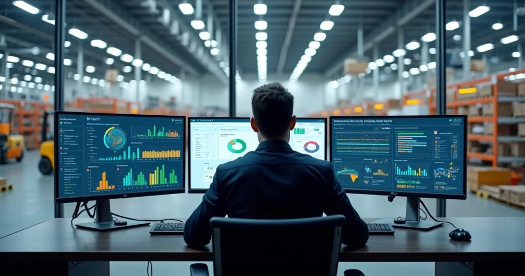 Gestor analisando painel de ERP industrial com fábrica ao fundo