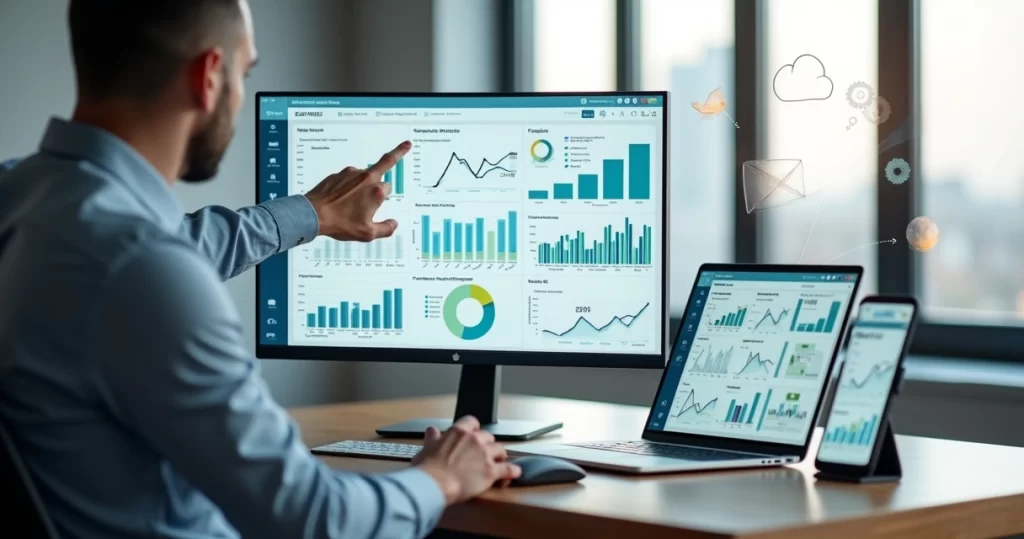 Gestor analisando painel de ERP em nuvem para pequenas e médias empresas