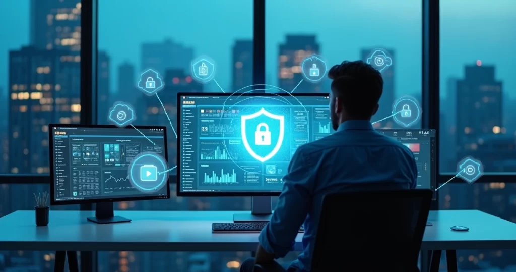 Gestor analisando painel de ERP seguro com ícones de cadeado e nuvem protegendo dados da empresa