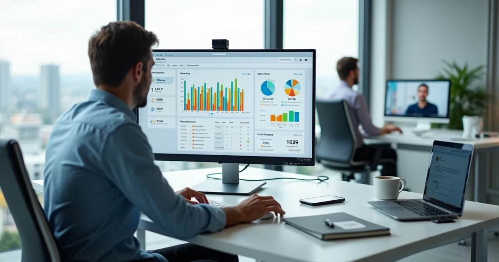 Gestor analisando impostos de PME em sistema ERP na nuvem