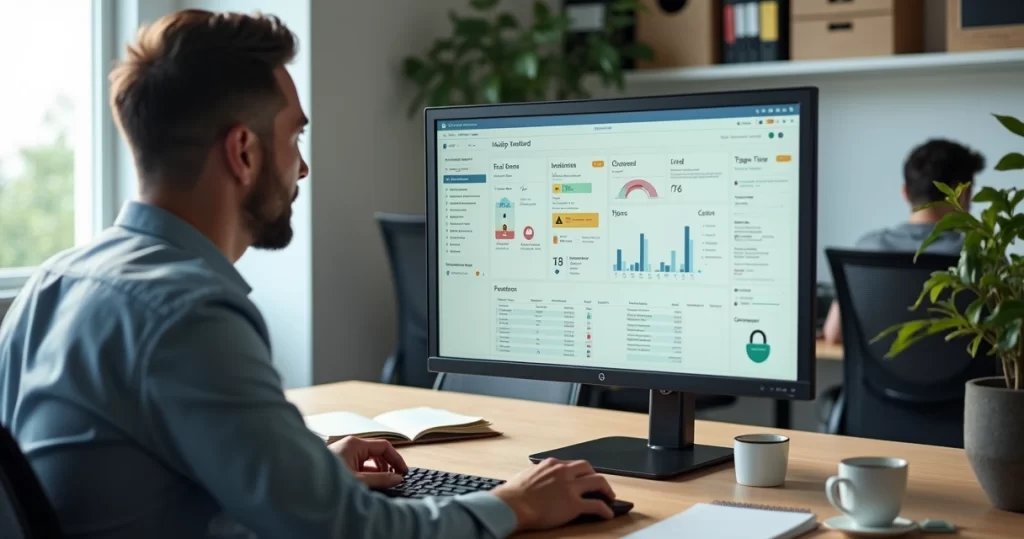 Gestor conferindo notas fiscais eletrônicas em sistema ERP na tela do computador