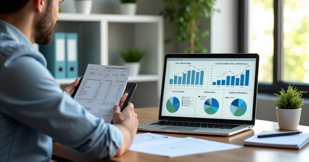 Gestor analisando gráficos de lucro operacional em notebook com painel financeiro