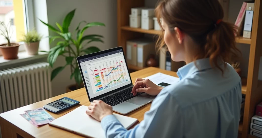 Microempreendedor organizando fluxo de caixa em notebook com dinheiro e gráficos na mesa