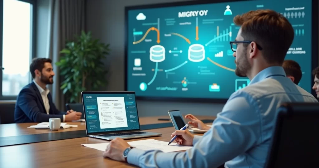 Gestor analisando checklist de migração de dados para novo sistema ERP