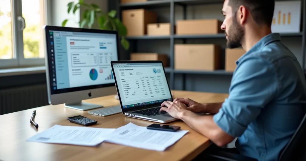 Empresário emitindo nota fiscal de saída em sistema ERP no computador