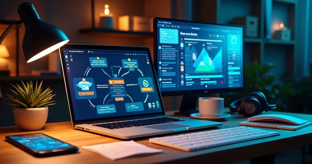 Fluxo de automação de marketing ligando CRM, ERP e vendas em pequena empresa