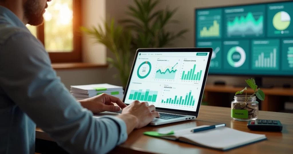 Gestor de pequena empresa analisando painel financeiro automatizado em notebook