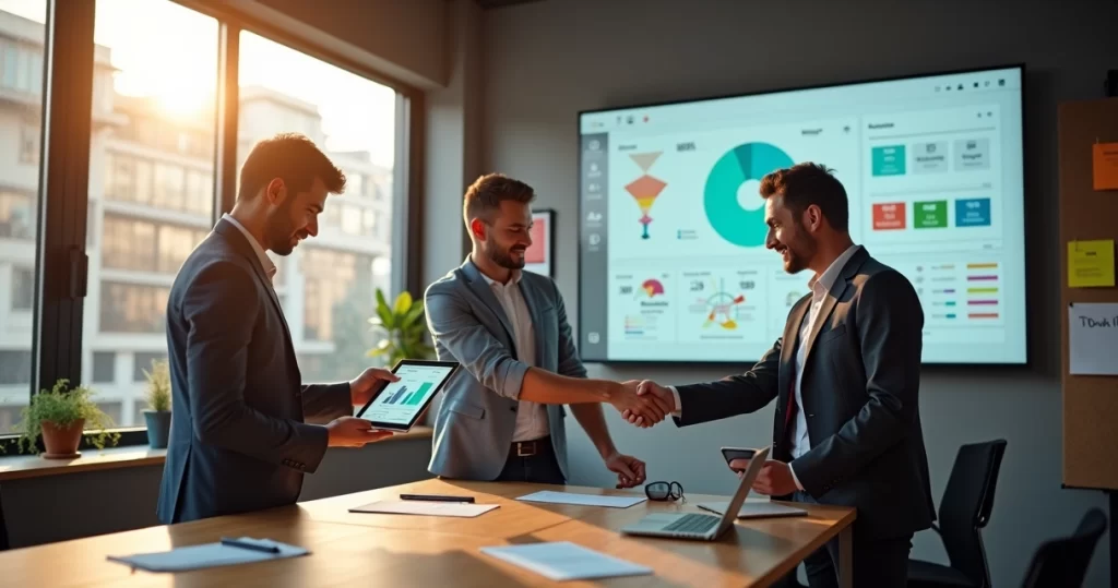 Equipe de vendas fechando negócio com painel integrado de indicadores ao fundo