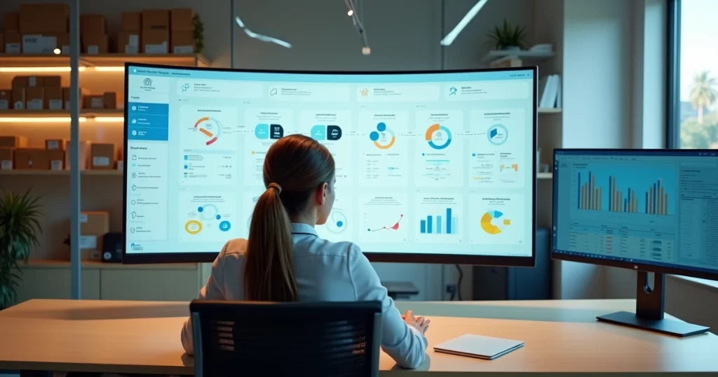 Gestora em pequena empresa usando painel ERP com fluxos automatizados na tela