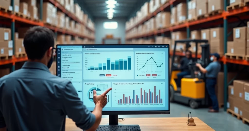 Gestor acompanhando controle integrado de estoque e vendas em painel digital sobre armazém