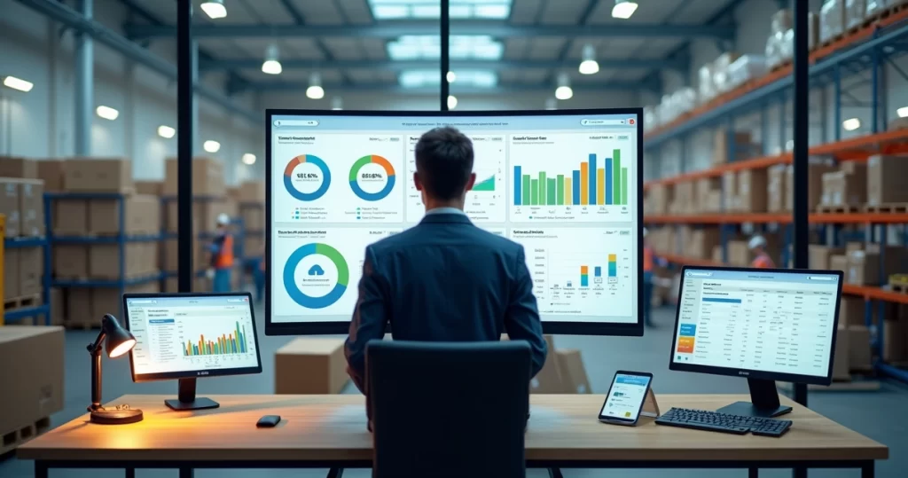 Gestor de pequena empresa olhando painel ERP com fábrica ao fundo