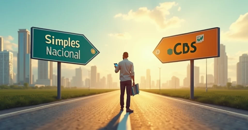 Empresário frente a dois caminhos de regime tributário com prédios corporativos ao fundo