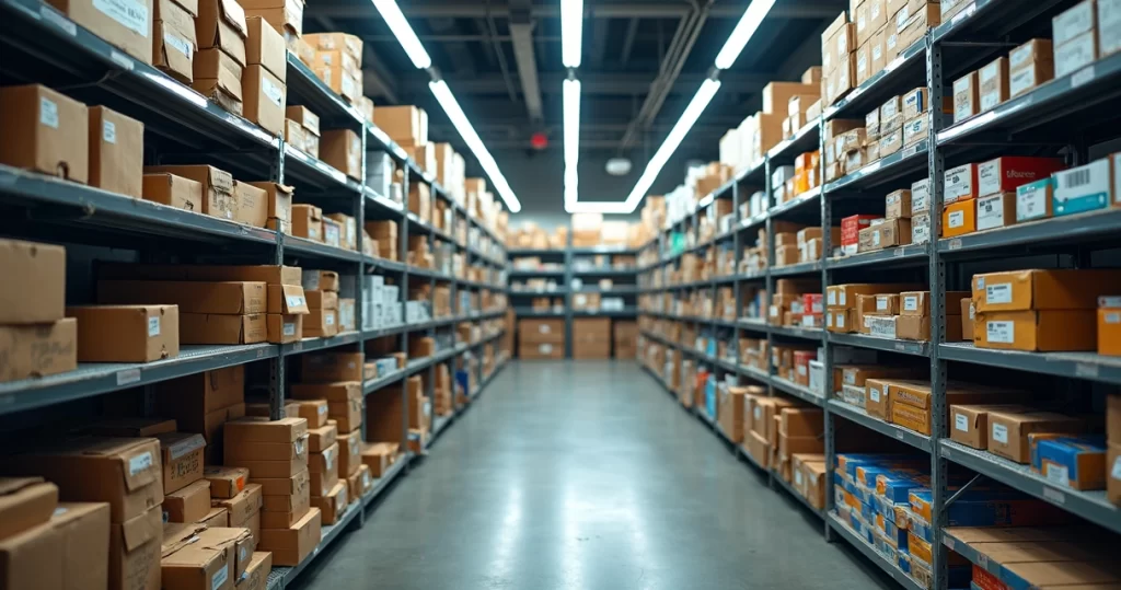 Corredor de loja de autopeças mostrando prateleiras com peças desorganizadas ao lado de inventário organizado com código de barras