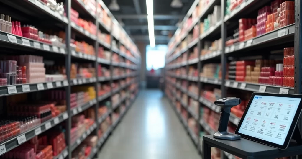 Prateleiras de loja de cosméticos com etiquetas de validade em destaque