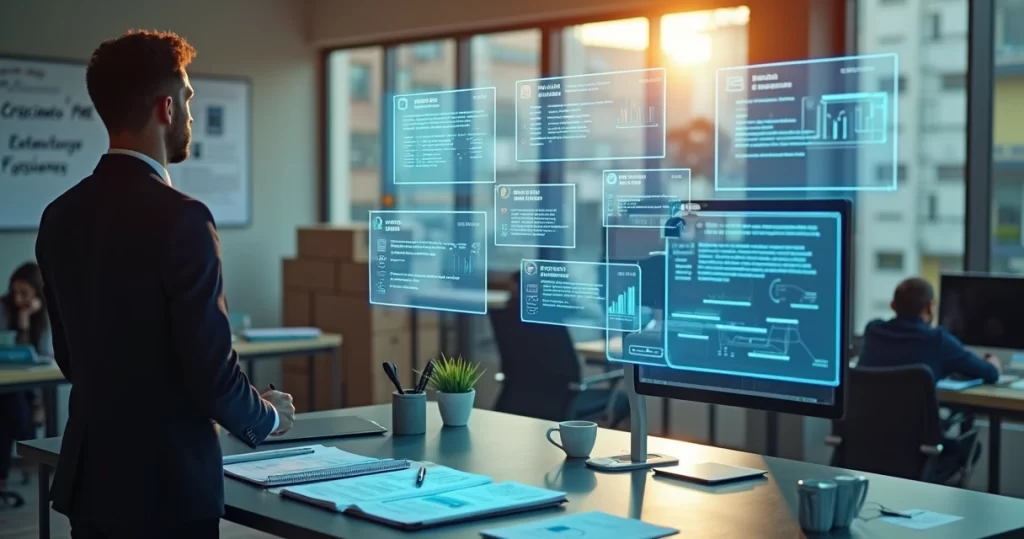 Gestor de pequena empresa comparando opções de ERP em telas holográficas