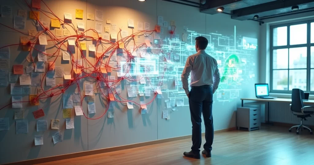 Gestor observando parede com fluxo de processos engessado sendo reorganizado em painel digital flexível