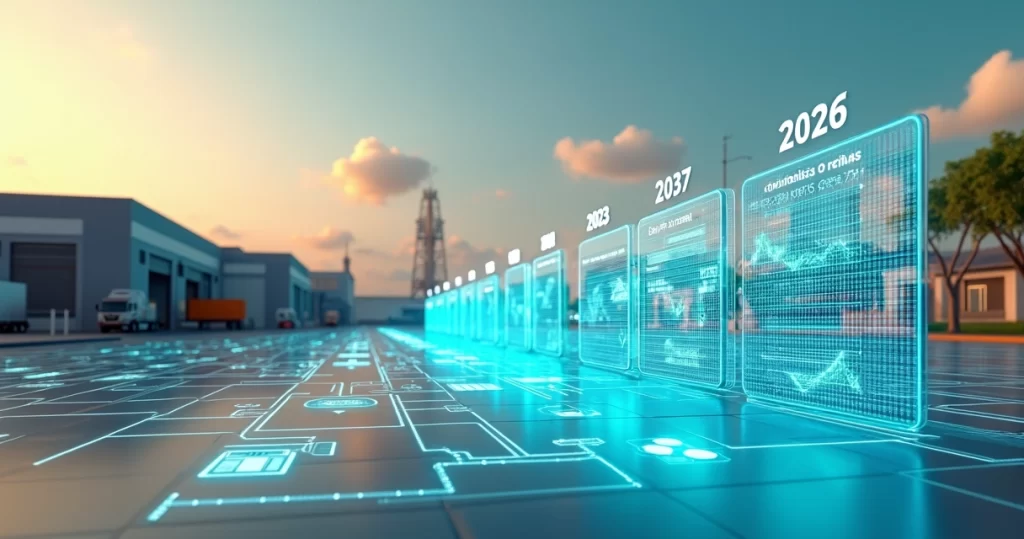 Linha do tempo da reforma tributária 2026-2033 ao lado de fábrica e escritórios empresariais