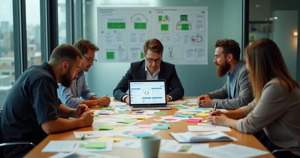 Equipe de vendas de pequena empresa reunida ao redor de mesa organizando pipeline em tela de ERP