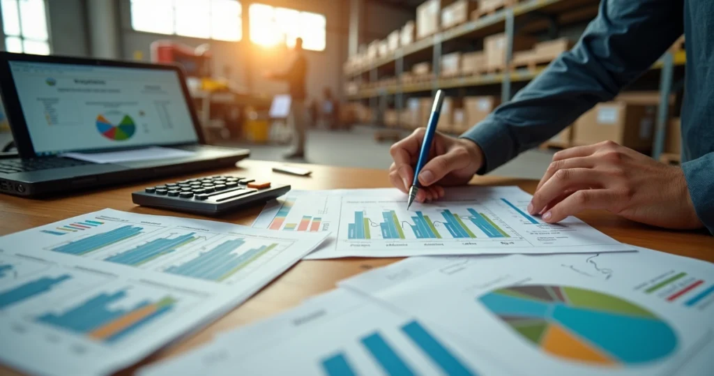 Analista organiza contabilidade de custos industriais com gráficos e planilhas na mesa