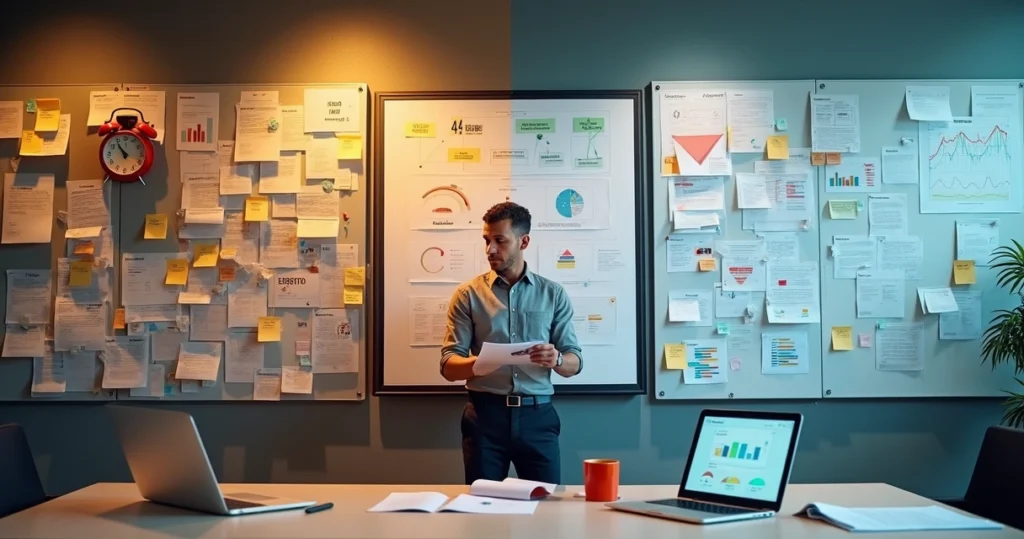 Gestor observando mural dividido entre caos operacional e gestão organizada com indicadores
