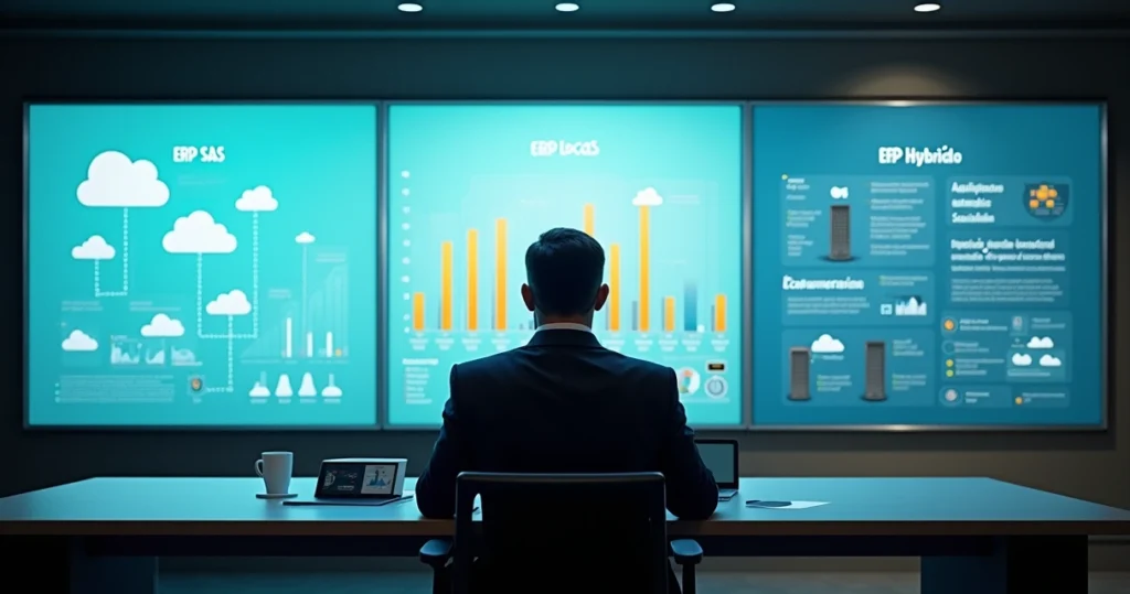 Painel digital comparando ERP SaaS, local e híbrido em cenário de gestão empresarial