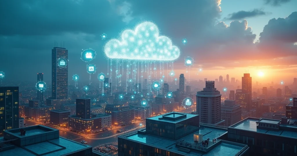Cidade empresarial conectada por nuvem digital com ícones de gestão integrados