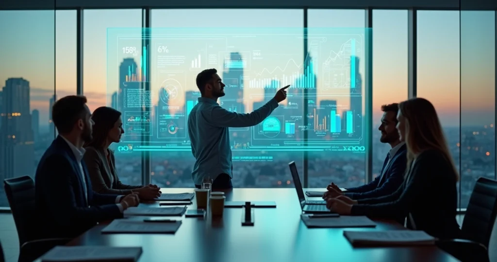 Empreendedor moderno em sala de reuniões analisando painéis de dados digitais