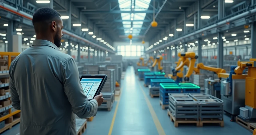 Gestor em passarela de fábrica olhando piso industrial automatizado conectado por linhas de dados digitais