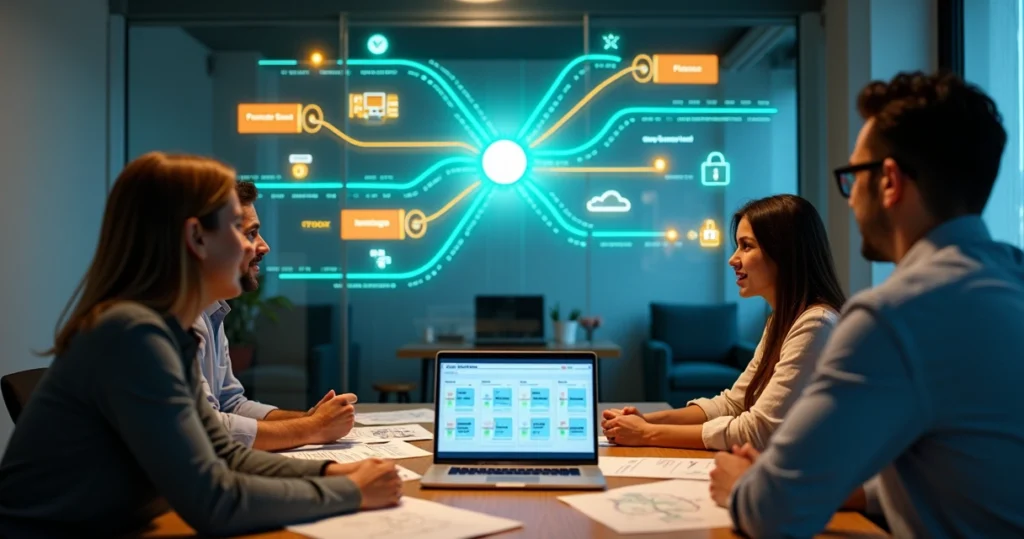 Equipe de pequena empresa escolhendo entre caminhos digitais de ERP integrados
