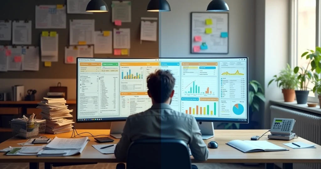 Comparação entre área de escritório caótica e estação com ERP organizado em tela única