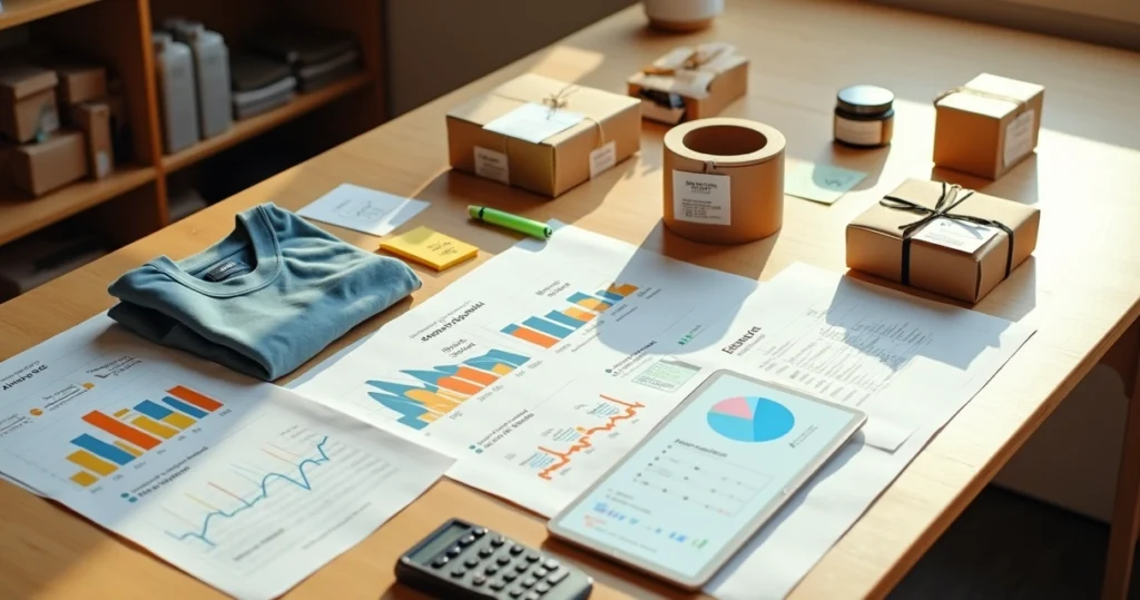 Mesa com produtos, etiquetas de preço e gráficos representando estratégia de precificação