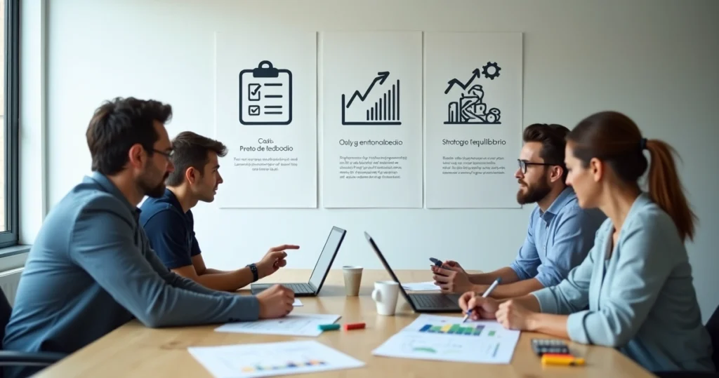 Parede dividida em quatro blocos com ícones que representam os pilares da gestão financeira empresarial