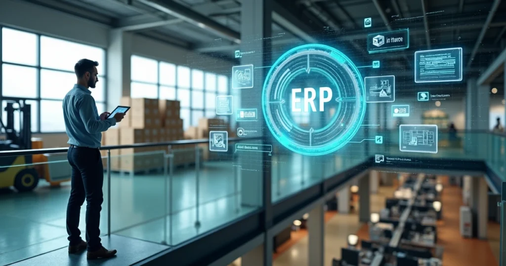 Gestor observa tela gigante com fluxos integrados de ERP na empresa