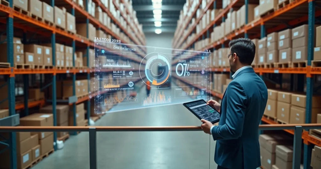 Gestor de distribuidora analisando estoque alto com painel digital de gestão
