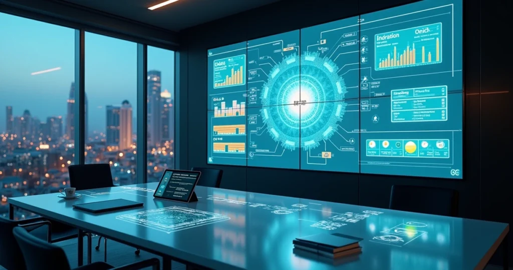 Dashboard central conectando módulos de gestão empresarial em ambiente corporativo moderno