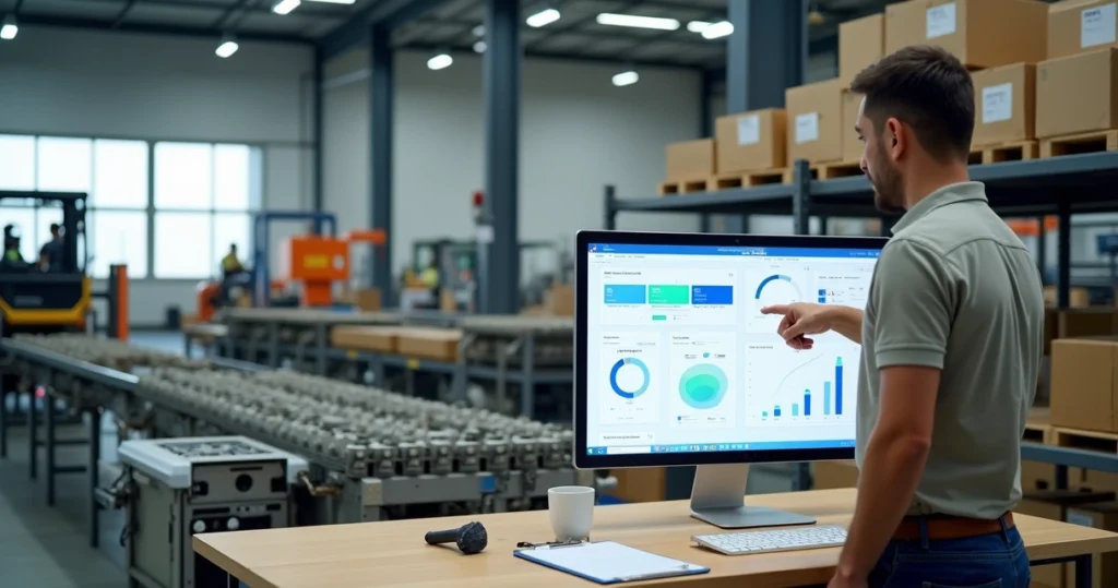 Pequena linha de produção automatizada ao lado de computador com software de gestão aberto