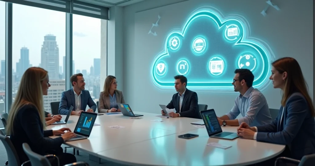 Equipe de gestão diversificada colaborando em mesa redonda com painel de nuvem ao fundo