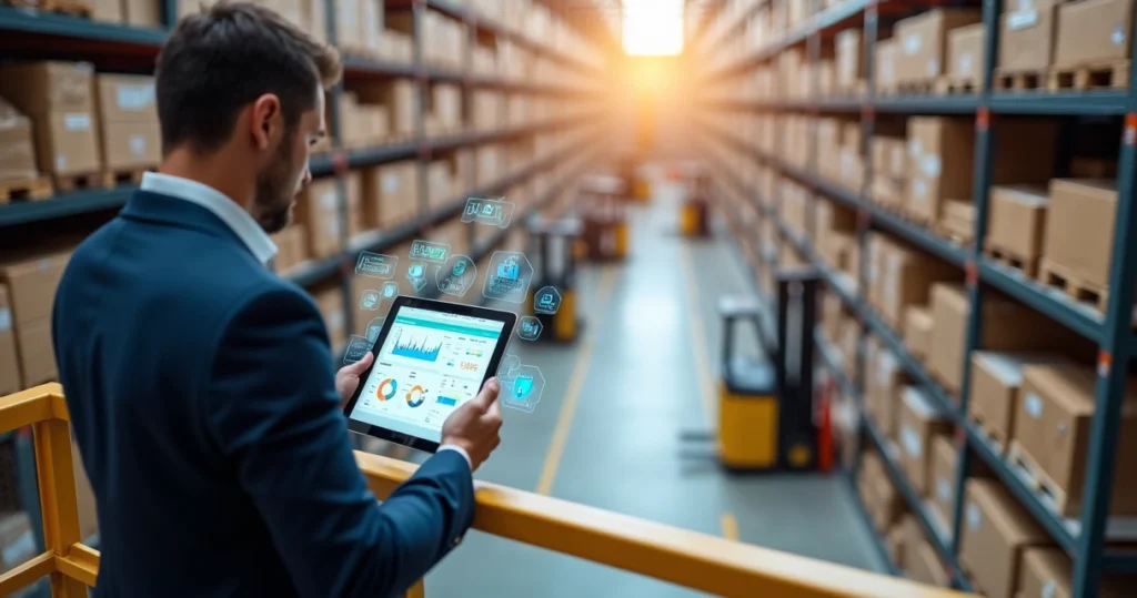Gestor em centro de distribuição de atacado acompanhando painel digital de ERP
