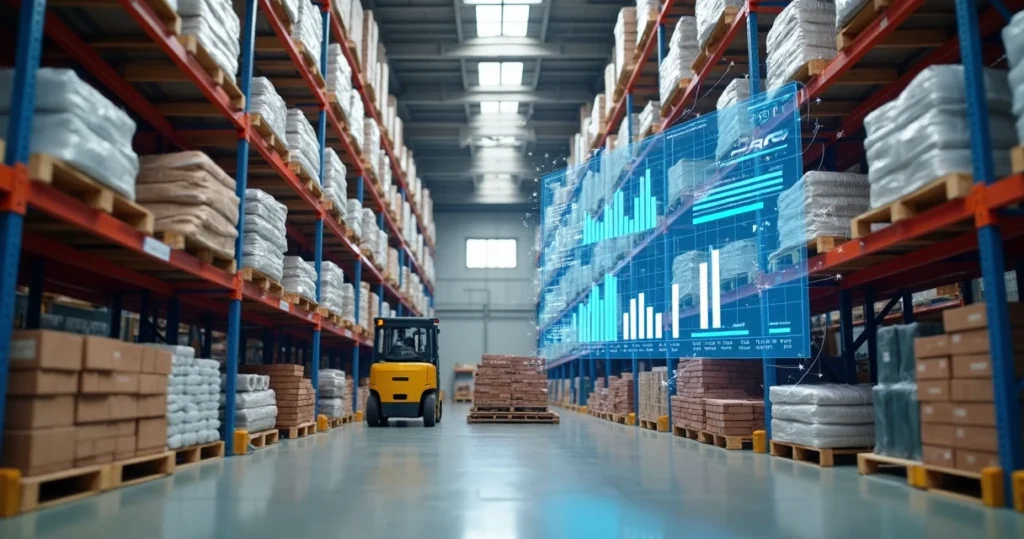 Depósito de loja de materiais de construção com painel digital de ERP flutuando em destaque