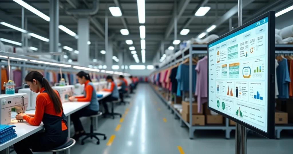 Linha de produção de confecção com roupas e painel digital de gestão