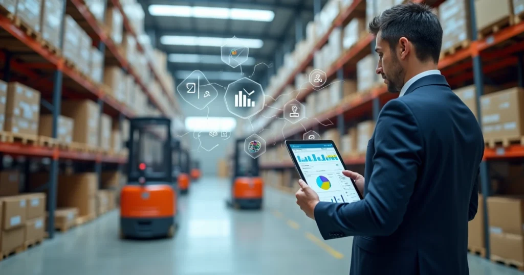 Gestor de distribuidora analisando estoque em painel digital no galpão
