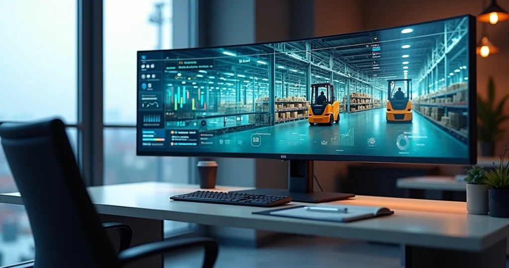 Gestor de pequena empresa observando painel ERP com fábrica comércio e serviços integrados