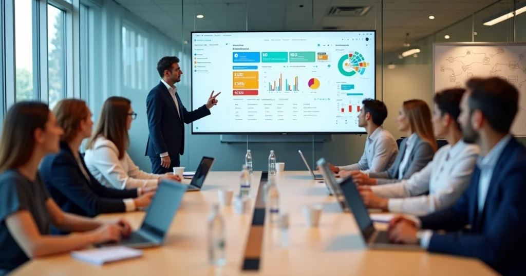 Equipe em treinamento de ERP reunida em sala focada em tela com painel de sistema