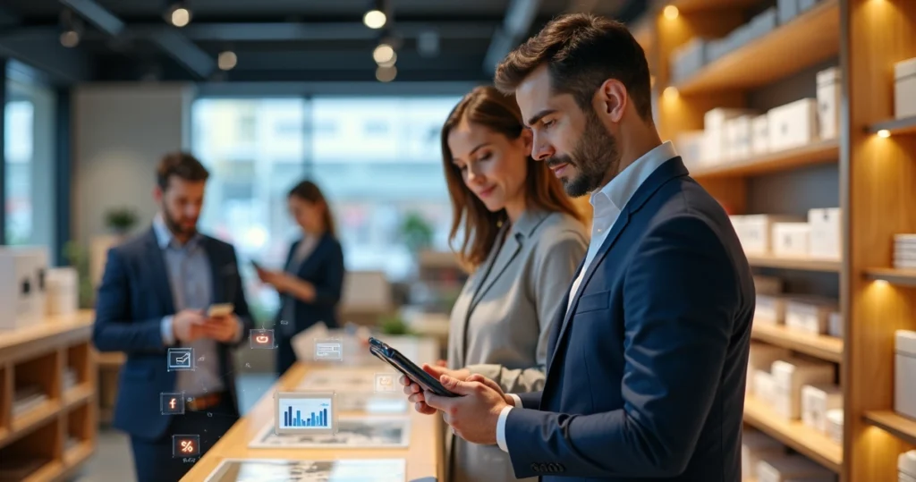 Vendedor atendendo cliente em loja enquanto mostra opções no tablet