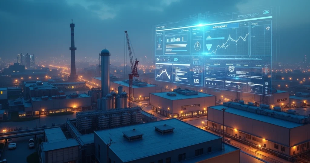 Dashboard digital de ERP exibido sobre vista aérea de diferentes tipos de fábricas