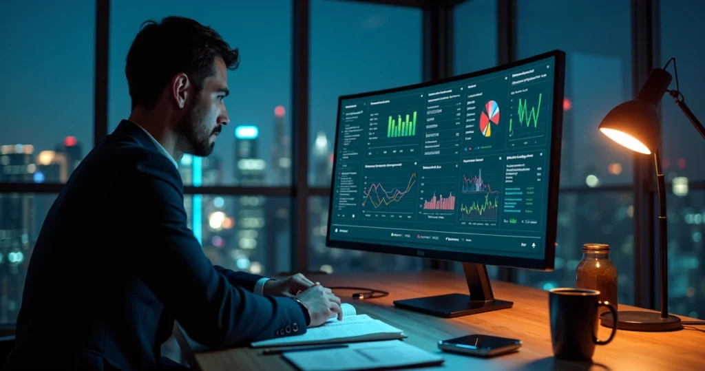 Gestor financeiro analisando painel digital com fluxo de caixa e gráficos integrados