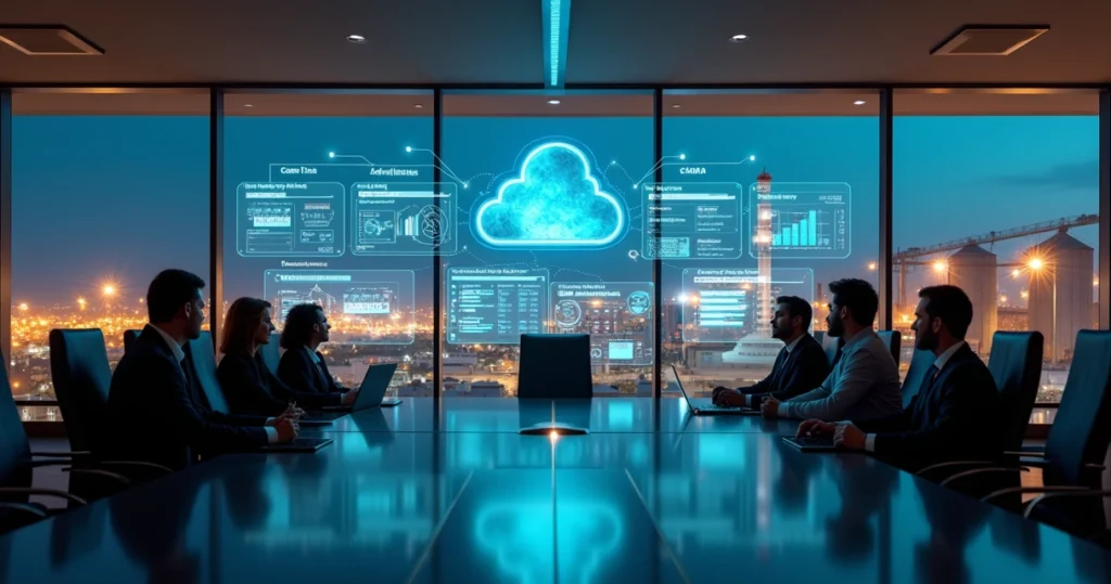 Gestores industriais conectados a painéis de ERP online em nuvem