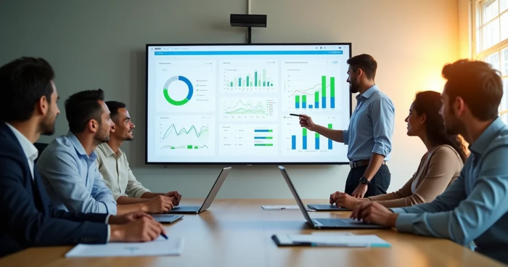 Gestores em reunião analisando tela grande com sistema integrado de gestão