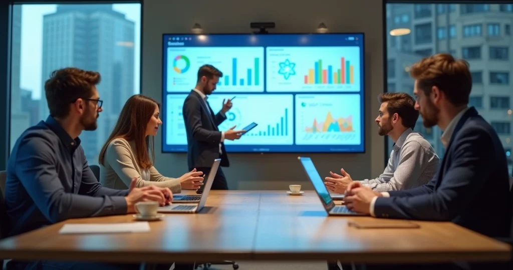 Gestores de pequena empresa reunidos em mesa analisando sistema de gestão empresarial em tela ampla